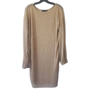 PrettyLittleThing Gold Semi Sheer Long Sleeve Ruched Ribbed Dress Size 12